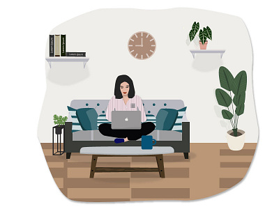 work online home illustration livingroom online woman work