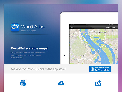 Landing Page app store atlas blue icons ios ipad iphone landing page maps website world atlas