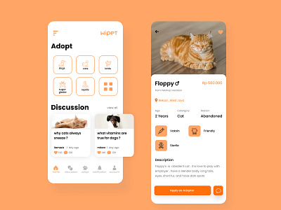 Wipet | Pets Adoption App color design figma figmadesign illustration illustrations mobile app design pets ui ux design uidesign uiux