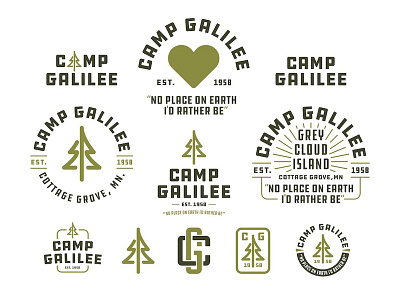 Camp Galilee Elements apostolic badge branding camp church galilee god heart identity jesus lockup logo minnesota monogram pine summer tree