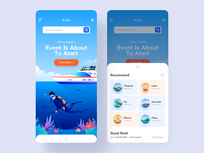 Diving Club APP app blue city country diving ferry fish illustration sea sports ui yacht