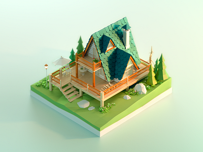 Forest Chalet 3d 3d model building c4d chalet forest green house lowpoly plant scenes trees wood