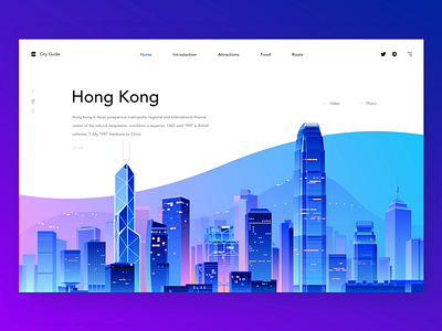 City Guide UI blue building city guide hong kong house illustration interaction interface landmark life menu recommended tourism traffic travel ui web