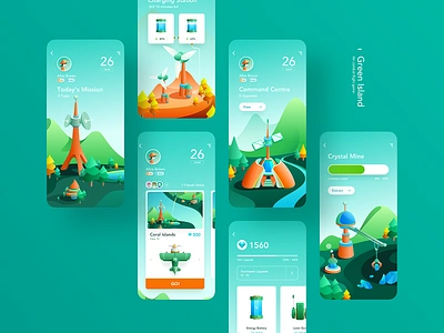 Green Island Game App aircraft antenna app building crystal fighter fighting game green illustration lake mountain phone ui windmill