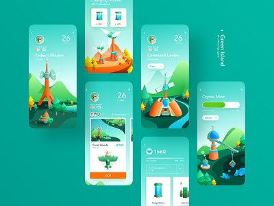 Green Island Game App aircraft antenna app building crystal fighter fighting game green illustration lake mountain phone ui windmill