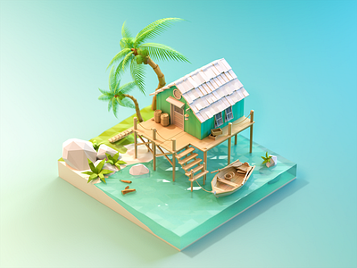 Seaside cottage 3d c4d cabin coconut house landscape low poly modeling sea seaside stone tree water wood