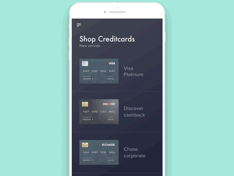 Mobile Banking - Cards List Interaction card credit dark debit interaction interface khuzema minimal security simplicity ui ux