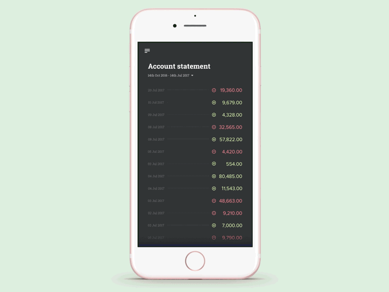 Mobile Banking - Simple Account Statement (Interactive) card credit dark debit interaction interface khuzema minimal security simplicity ui ux