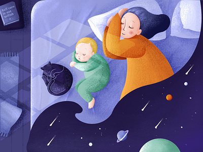Family sleep baby bedroom book character child family galaxy illustration kid mindfulness mom mother night parent parenting planets self care sleep space stars