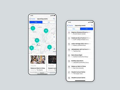 Map and list views of upcoming events. ios list view map view ui uxui