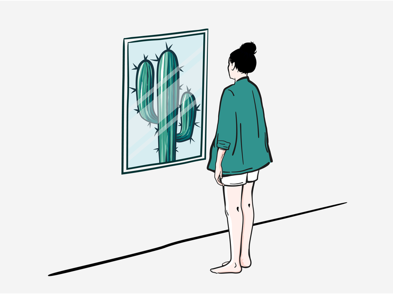 Reflection cactus girl illustration mirror plants woman