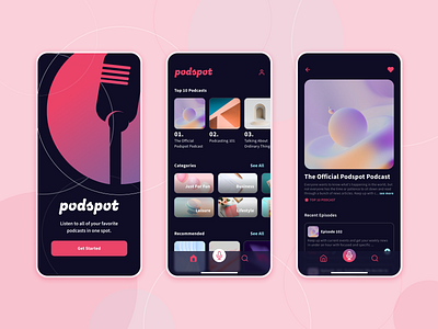 Podspot — Podcast App Challenge app app design appdesign branding clean darkmode design interface logo minimal mobile mobiledesign mobileui player podcast podcastapp productdesign ui uidesign ux