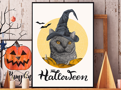 Halloween cat badge cat halloween halloween gift happy halloween poster print pumpkin sign witch hat