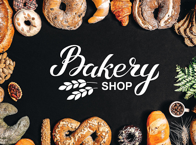 Bakery logo background bakery brand card design hand drawn illustration lettering logo vector