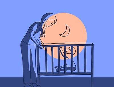 Insomnia - baby sitting art baby crib drawing family hand drawn illustration love mother night vector