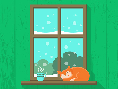 Cat on windowsill art cat coffee cozy design hot illustration indoor interior tea vector window winter