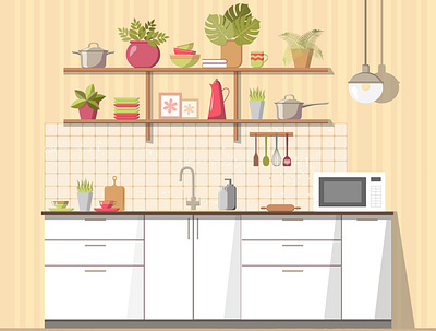 Kitchen with plants art dishes furniture illustration indoor interior kitchen plant utensils vector