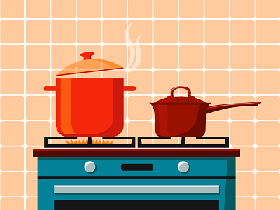 Boiling pot on the stove art boil boiling dishes fire hot illustration indoor interior kitchen oven pot stove vector