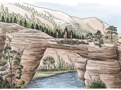 Sketch illustration of the natural bridge, Stone Age Era people