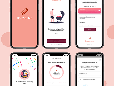 Baco'meter 🥓 concept concept app concept design food app food illustration illustration ios ios app design mobile app mobile design mobile ui onboarding ui personalised pink tracking app ui