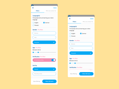 🔎 Filtering for a Language learning social app filter ui filtering ios app ios app design mobile mobile app mobile app design mobile design mobile ui search search ui searching social app ui