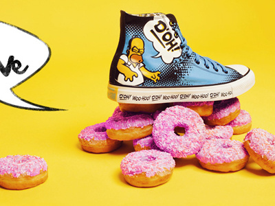 Simpsons product shot black blue converse donut exclusive photograph photography photoshoot simpsons speechbubble yellow