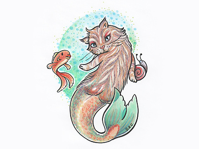 Cheeky MaineCoon Meowmaid buttcrack cat cat butt goldfish illustration kitty maine coon meowmaid mermaid traditional