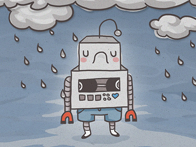 Sad little Robot blue illustration rain robot