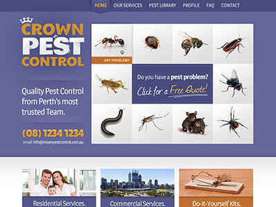 Crown Pest Control Logo + Site Design bugs crown logo orange pest control purple webdesign