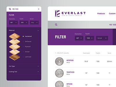 Everlast Search UI branding design filters interface saw blade search ui ux website