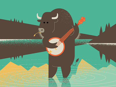 Bye, son. banjo bison buffalo illustration lake