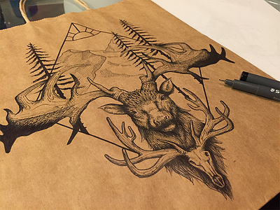 Stag and Paper Bag deer elk illustration ink pen pnw sketch skull staedtler stag taxidermy washington