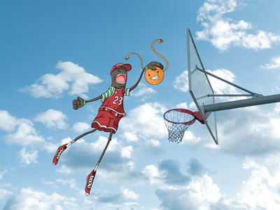 Shaggy Monsters- basketball champion in action. 23 90s 90smovies ball basketball cartoon character chicagobulls digitalart entertainment. fun jump kudłaki play red shaggymonsters sky sport sportlife sportmovie