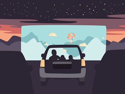 At the drive-in car drive in dusk flat illustration notabli