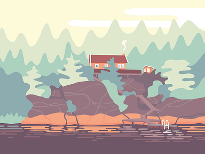 Whooded cabin flat illustration lake woods