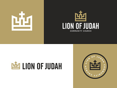 Lion of Judah Final Logos badge black church community crown gold icon lines lion logo white