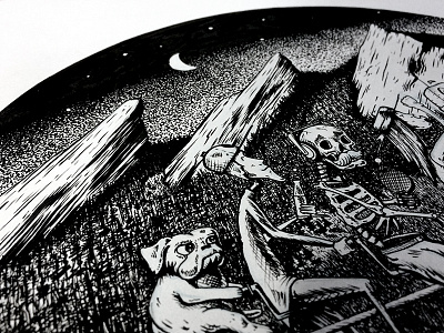 Mountains and a tandem bike. dog flatirons illustration ink micron mountains night pen and ink skeleton skull
