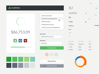 Wealthfront UI Components banks confetti finance green pie chart sticker sheet style guide ui