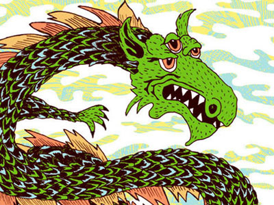 Dragon creature dragon hand drawn illustraion psychedelic screenprint