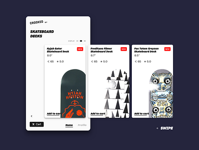 Crooked App UI Design app card minimalist shop skateboard swipe ui ui design ux ux design