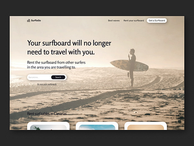 Hero section - Web design - Surfboard rental platform barcelona beach canarias design hero section rent rental app searchbar surf surfboard ui ux waves web design