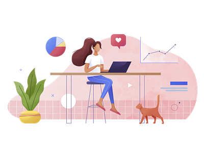 Girl with a laptop and cat. Working from a cafe 2d art cafe cat colorful concept creative freelance girl human illustration laptop pink vector vector art working