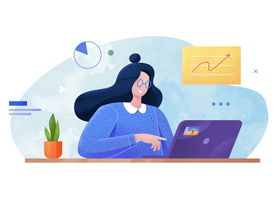 Girl in a blue sweater working on a laptop blue concept cute flat girl graphic hair illustration job laptop modern office plant reading searching vector vector art working