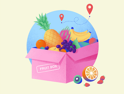 Fruit box delivery illustration 2d apple banana box colorful concept delivery dragon fruit food fresh fruit fruit box illustration location orange pineapple place strawberry vector yellow