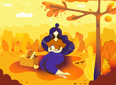 Warm autumn 🍁 decorative design enjoy flat illustration in the park picnic vector weekend