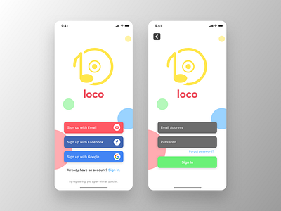 Sign Up / Sign In | Loco Music Streaming App app design flat icon illustration logo minimal typography ui ux