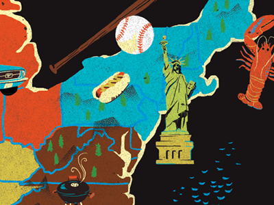 Map of America america baseball hot dog icon illustration lobster map new england new york statue of liberty united states of america us usa