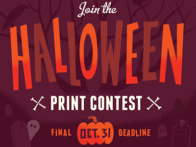 Halloween Print Contest bones contest ghost graveyard halloween illustration print pumpkin screen print tombstones tree