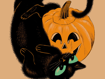 Cat and Jack black cat cat friends halloween illustration ipad pro art procreate pumpkin retro vintage