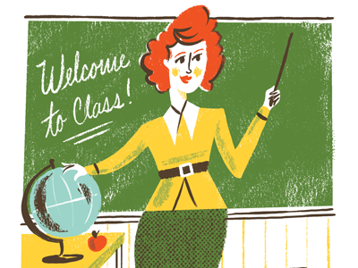 School Teacher chalkboard character draw globe illustration retro school teacher vintage woman